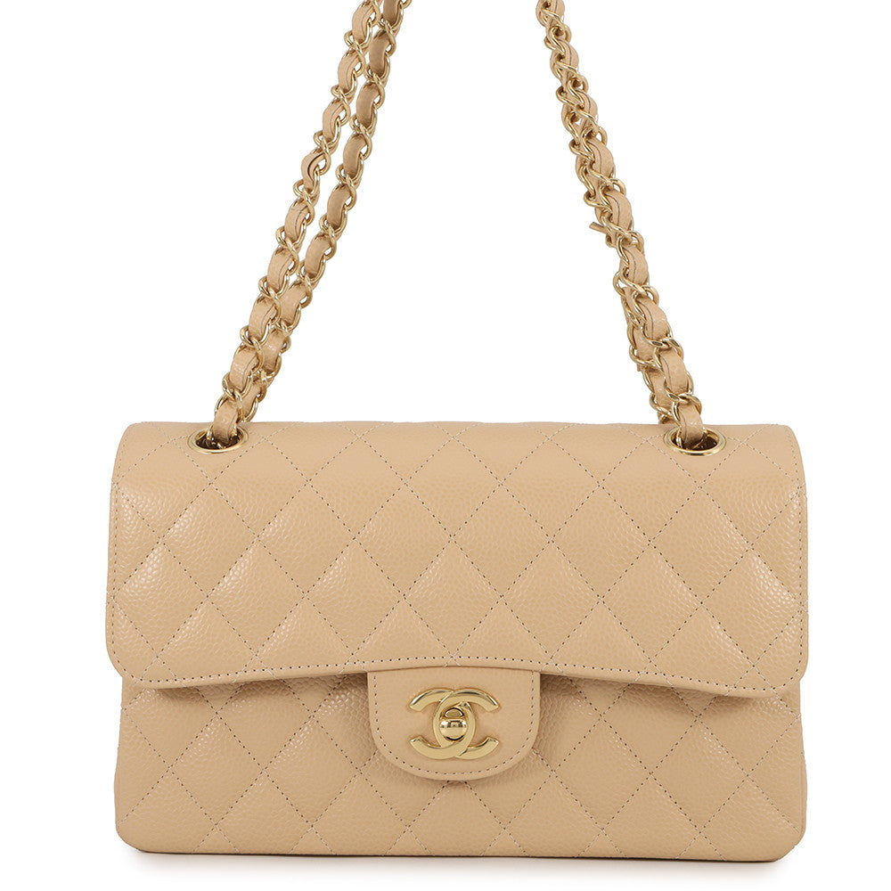 CHANEL Matelasse W flap ChainShoulder BeigeA01113 Caviar Leather Size 23