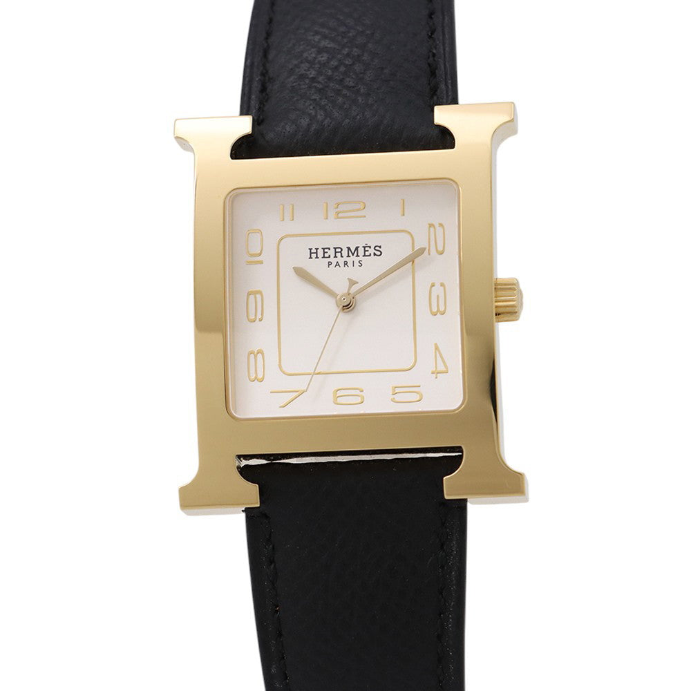HERMES H Watch GM H34mm×W30mm Stainless Steel Gold Plated Epsom(Black) Silver DialHH1.801