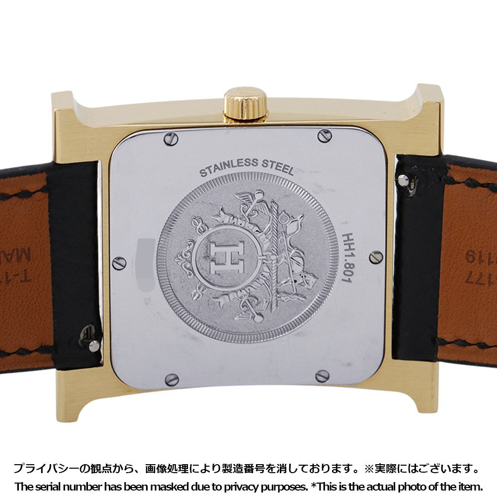 HERMES H Watch GM H34mm×W30mm Stainless Steel Gold Plated Epsom(Black) Silver DialHH1.801