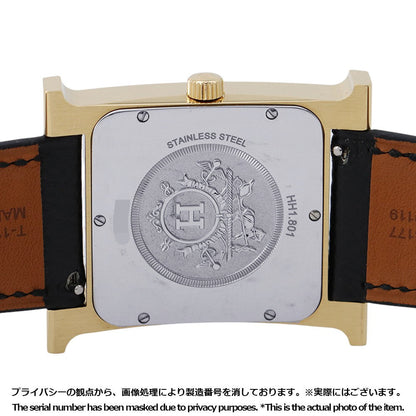 HERMES H Watch GM H34mm×W30mm Stainless Steel Gold Plated Epsom(Black) Silver DialHH1.801