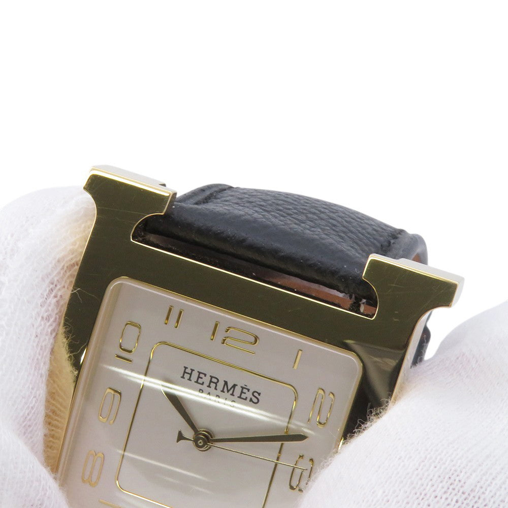 HERMES H Watch GM H34mm×W30mm Stainless Steel Gold Plated Epsom(Black) Silver DialHH1.801