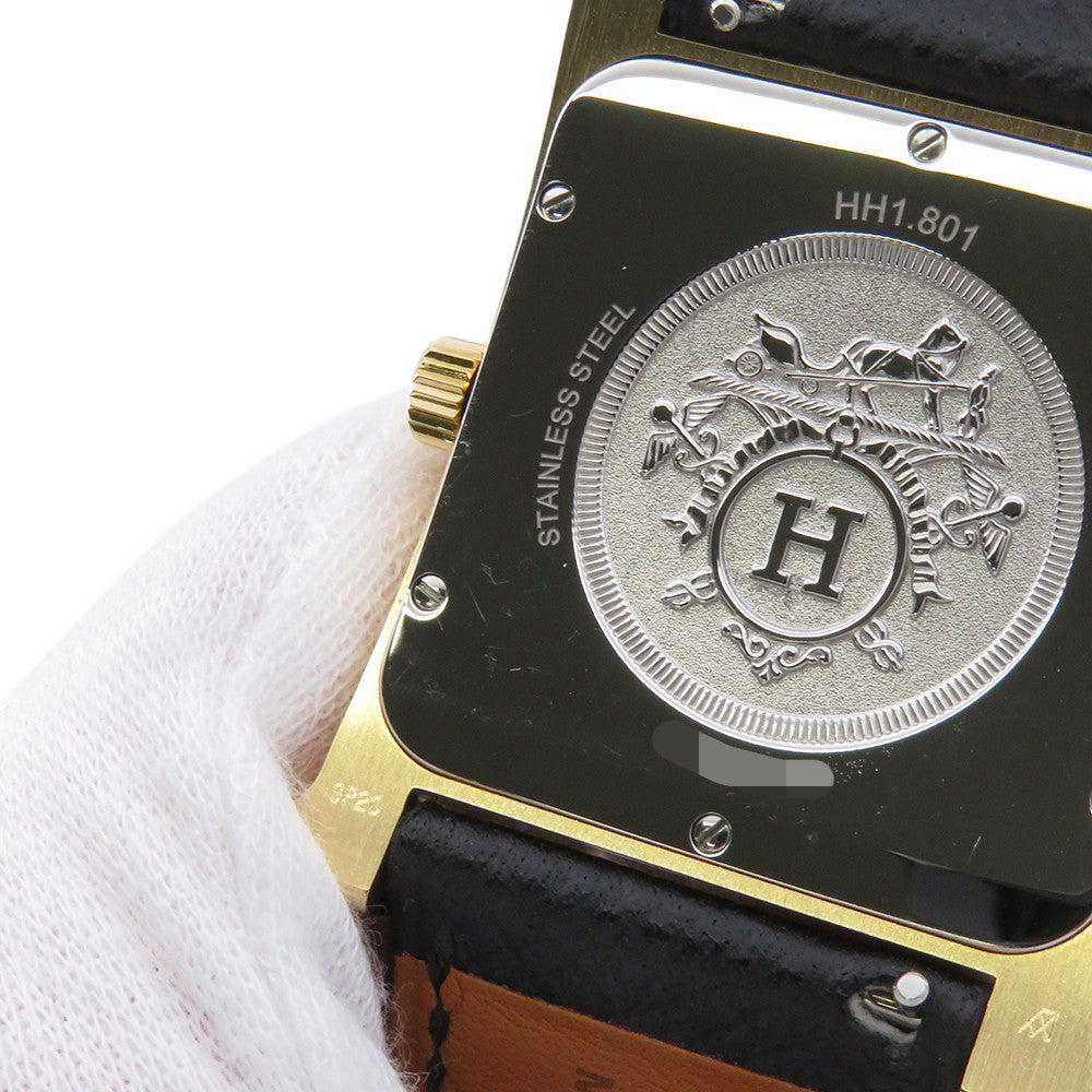 HERMES H Watch GM H34mm×W30mm Stainless Steel Gold Plated Epsom(Black) Silver DialHH1.801