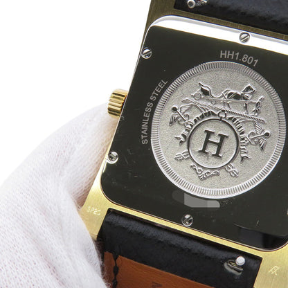 HERMES H Watch GM H34mm×W30mm Stainless Steel Gold Plated Epsom(Black) Silver DialHH1.801