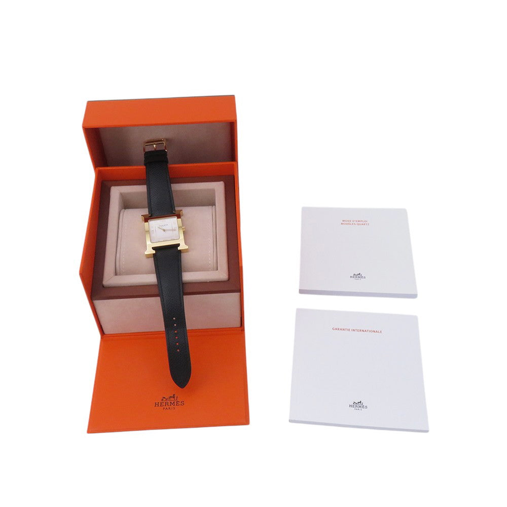 HERMES H Watch GM H34mm×W30mm Stainless Steel Gold Plated Epsom(Black) Silver DialHH1.801