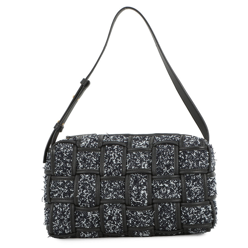 Bottega Veneta Maxi INTRECCIATO Brique Cassette Handbag IndigoBlack/White Tweed Leather