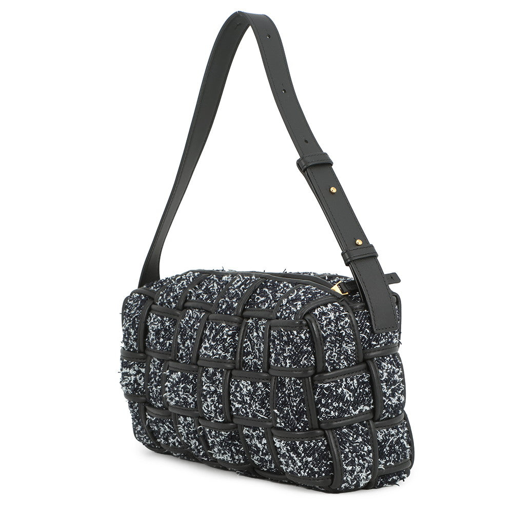 Bottega Veneta Maxi INTRECCIATO Brique Cassette Handbag IndigoBlack/White Tweed Leather