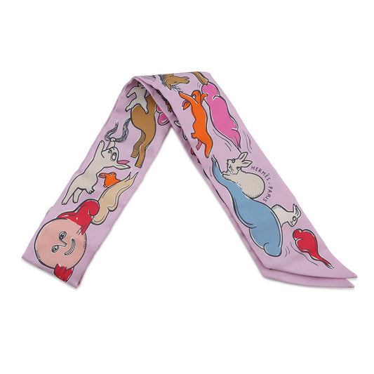 HERMES Twilly A Thousand and One Rabbits Mille et Un Lapins Parme/Rose Vif/Camel Silk100%