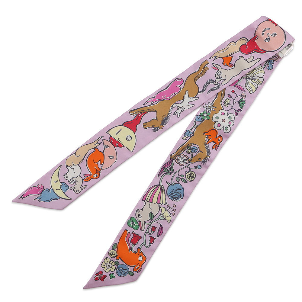 HERMES Twilly A Thousand and One Rabbits Mille et Un Lapins Parme/Rose Vif/Camel Silk100%