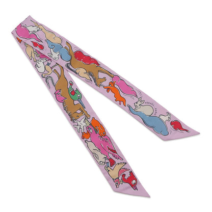 HERMES Twilly A Thousand and One Rabbits Mille et Un Lapins Parme/Rose Vif/Camel Silk100%