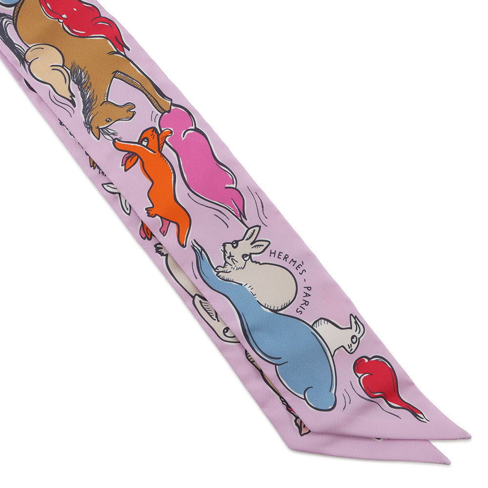 HERMES Twilly A Thousand and One Rabbits Mille et Un Lapins Parme/Rose Vif/Camel Silk100%