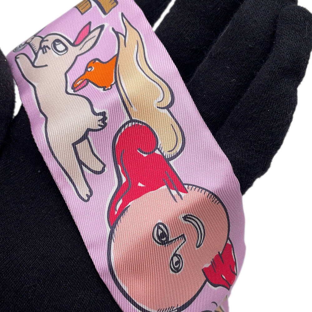 HERMES Twilly A Thousand and One Rabbits Mille et Un Lapins Parme/Rose Vif/Camel Silk100%