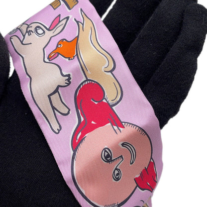 HERMES Twilly A Thousand and One Rabbits Mille et Un Lapins Parme/Rose Vif/Camel Silk100%