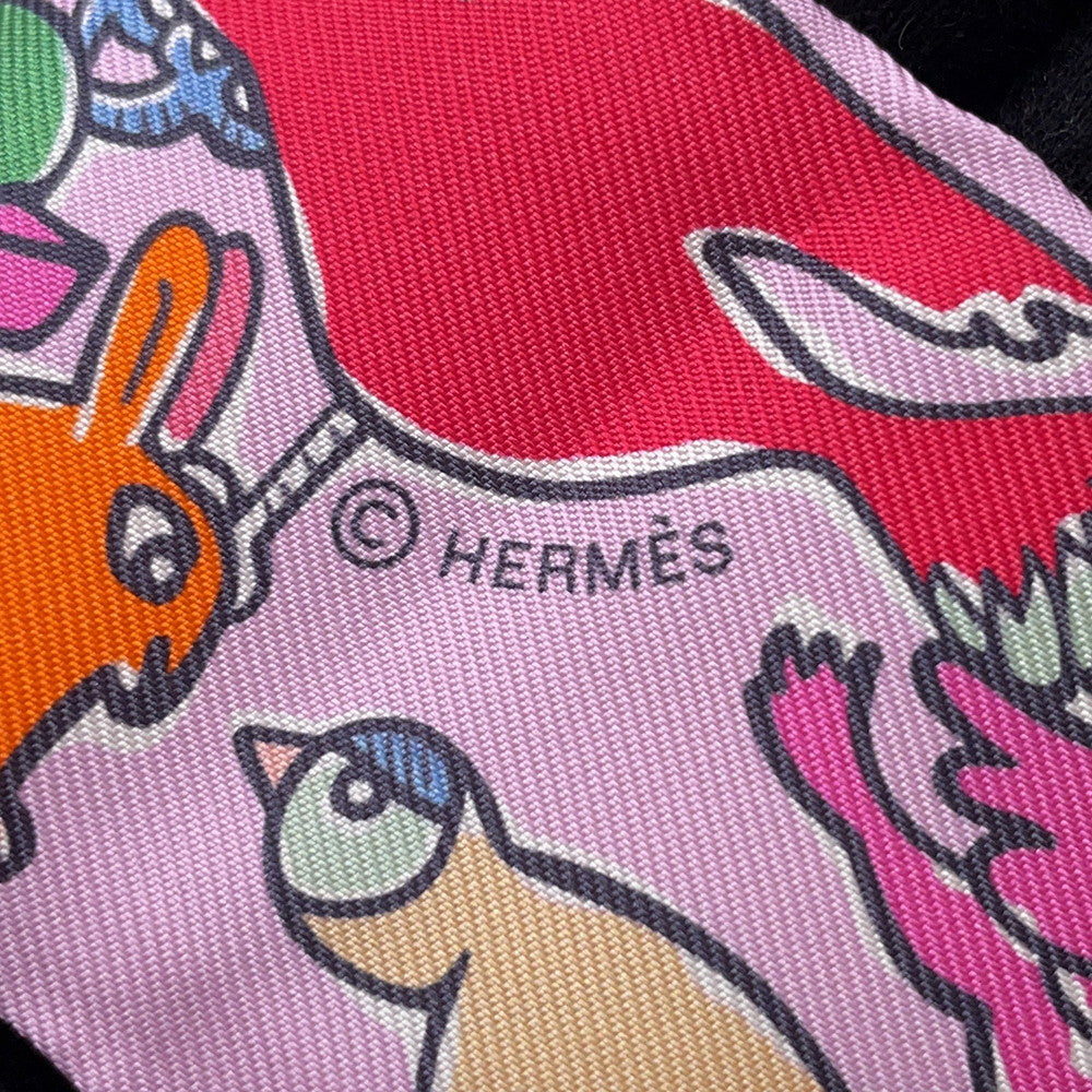 HERMES Twilly A Thousand and One Rabbits Mille et Un Lapins Parme/Rose Vif/Camel Silk100%