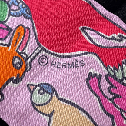 HERMES Twilly A Thousand and One Rabbits Mille et Un Lapins Parme/Rose Vif/Camel Silk100%