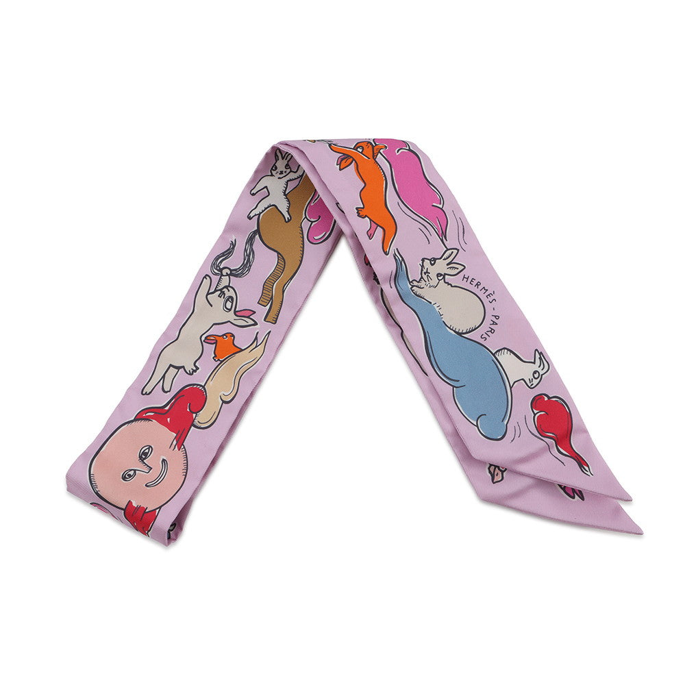 HERMES Twilly A Thousand and One Rabbits Mille et Un Lapins Parme/Rose Vif/Camel Silk100%