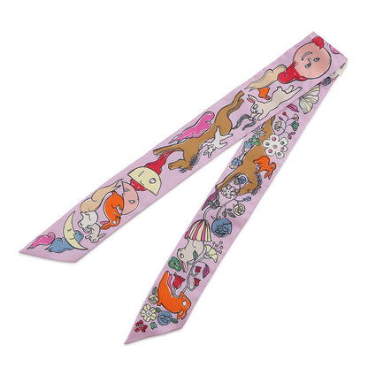 HERMES Twilly A Thousand and One Rabbits Mille et Un Lapins Parme/Rose Vif/Camel Silk100%