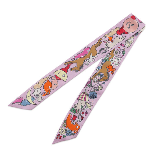 HERMES Twilly A Thousand and One Rabbits Mille et Un Lapins Parme/Rose Vif/Camel Silk100%