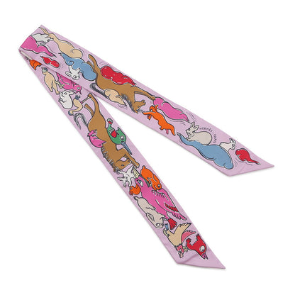 HERMES Twilly A Thousand and One Rabbits Mille et Un Lapins Parme/Rose Vif/Camel Silk100%