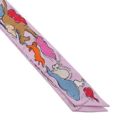 HERMES Twilly A Thousand and One Rabbits Mille et Un Lapins Parme/Rose Vif/Camel Silk100%