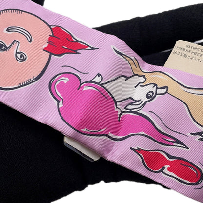 HERMES Twilly A Thousand and One Rabbits Mille et Un Lapins Parme/Rose Vif/Camel Silk100%