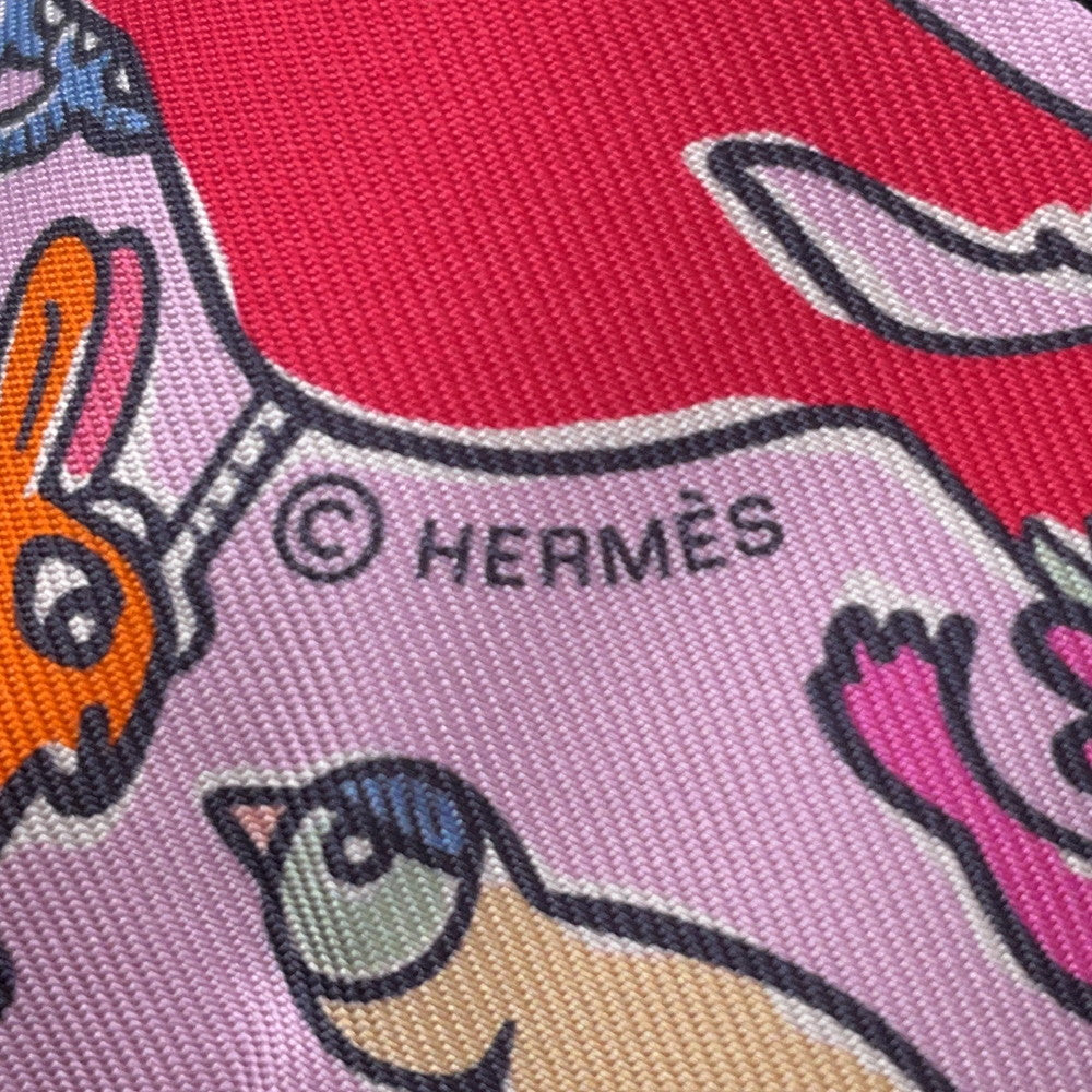 HERMES Twilly A Thousand and One Rabbits Mille et Un Lapins Parme/Rose Vif/Camel Silk100%