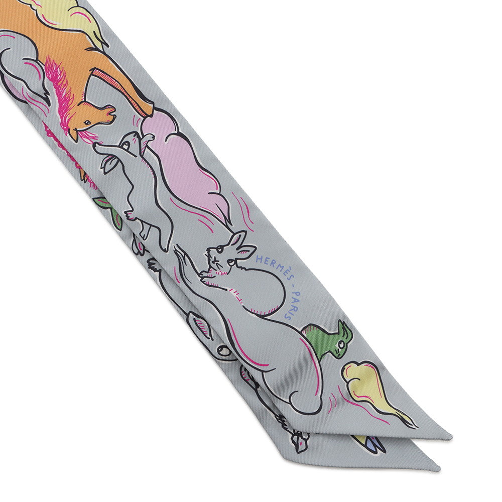 HERMES Twilly A Thousand and One Rabbits Mille et Un Lapins Gripere/Rose/Jaune Silk100%