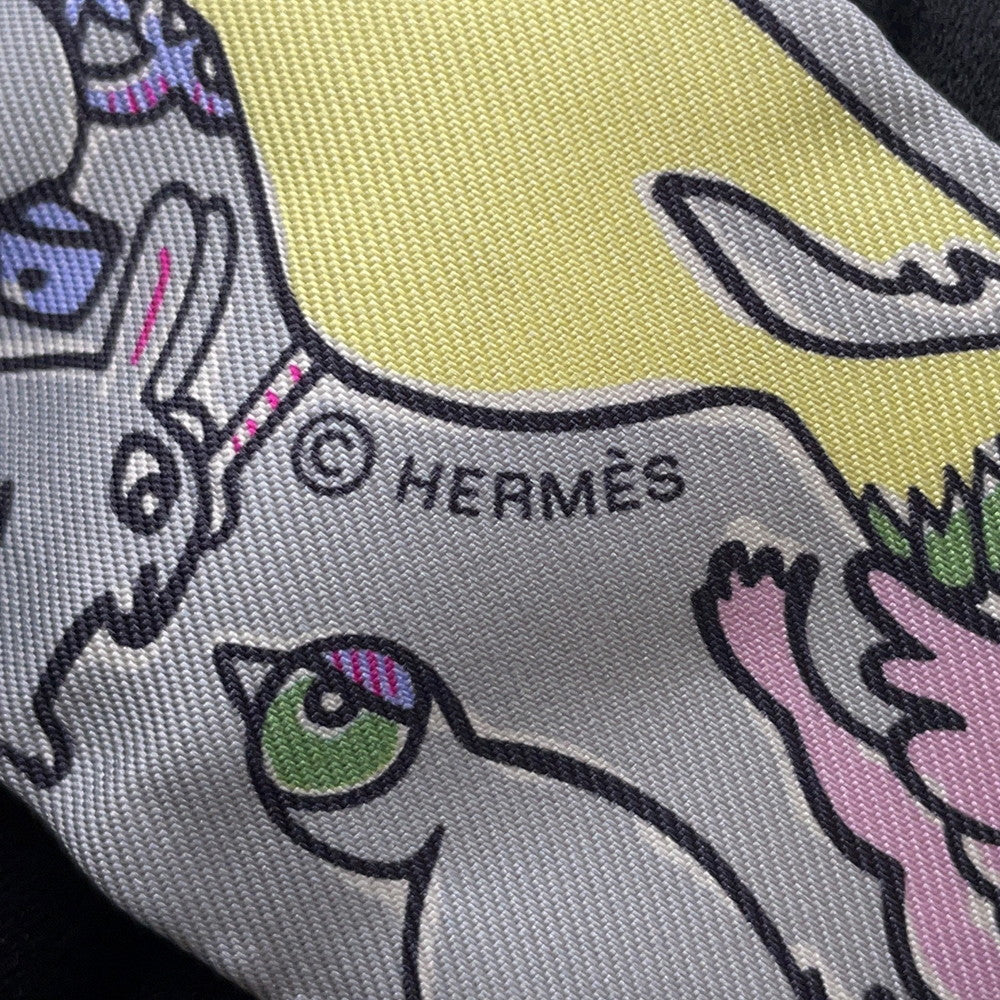 HERMES Twilly A Thousand and One Rabbits Mille et Un Lapins Gripere/Rose/Jaune Silk100%
