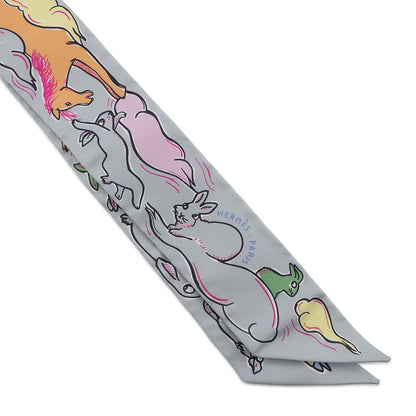 HERMES Twilly A Thousand and One Rabbits Mille et Un Lapins Gripere/Rose/Jaune Silk100%