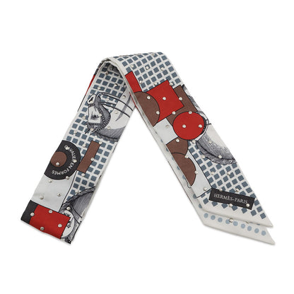 HERMES Twilly Crouthe Cavalier En Formes Blanc/Gris/Brown Silk100%