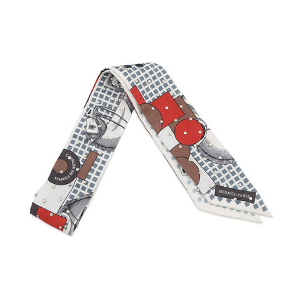 HERMES Twilly Crouthe Cavalier En Formes Blanc/Gris/Brown Silk100%