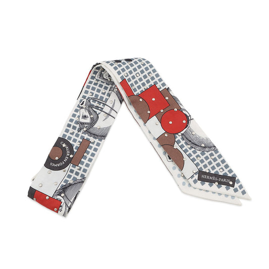 HERMES Twilly Crouthe Cavalier En Formes Blanc/Gris/Brown Silk100%