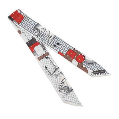 HERMES Twilly Crouthe Cavalier En Formes Blanc/Gris/Brown Silk100%