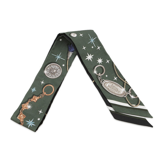 HERMES Twilly C'EST LA FETE Khaki・Fonse /White/Black062743S Silk100%