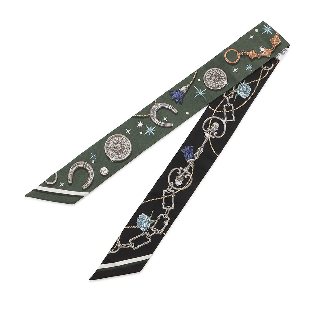 HERMES Twilly C'EST LA FETE Khaki・Fonse /White/Black062743S Silk100%