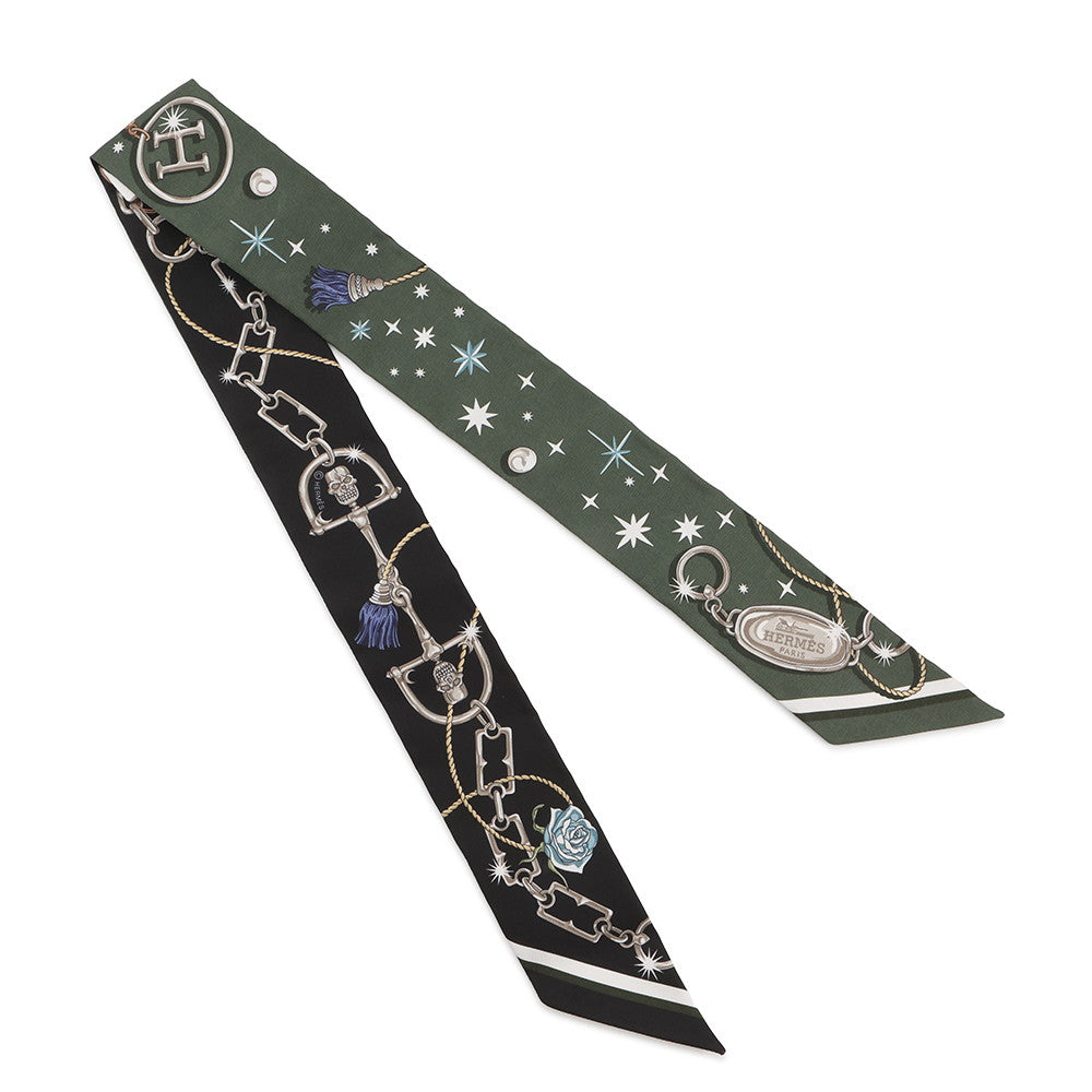 HERMES Twilly C'EST LA FETE Khaki・Fonse /White/Black062743S Silk100%
