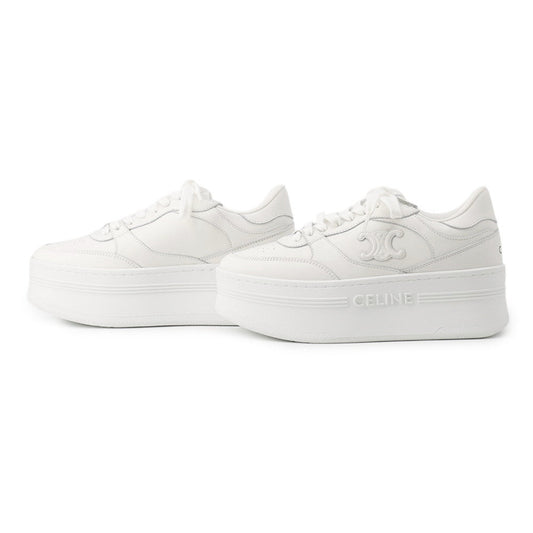 CELINE Triomphe Patch Block Wedge Sneakers Optic White366475189C.01OP Calf Leather Lining Textile Rubber Size 35