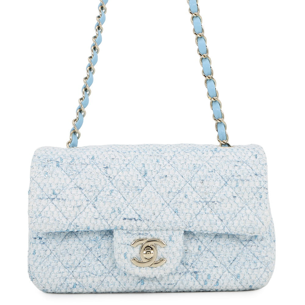 CHANEL Mini Matelasse Flap Chain Shoulder Bag Blue/White/SilverA69900 B23529 U6845 Tweed Size 20
