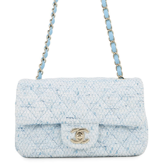 CHANEL Mini Matelasse Flap Chain Shoulder Bag Blue/White/SilverA69900 B23529 U6845 Tweed Size 20