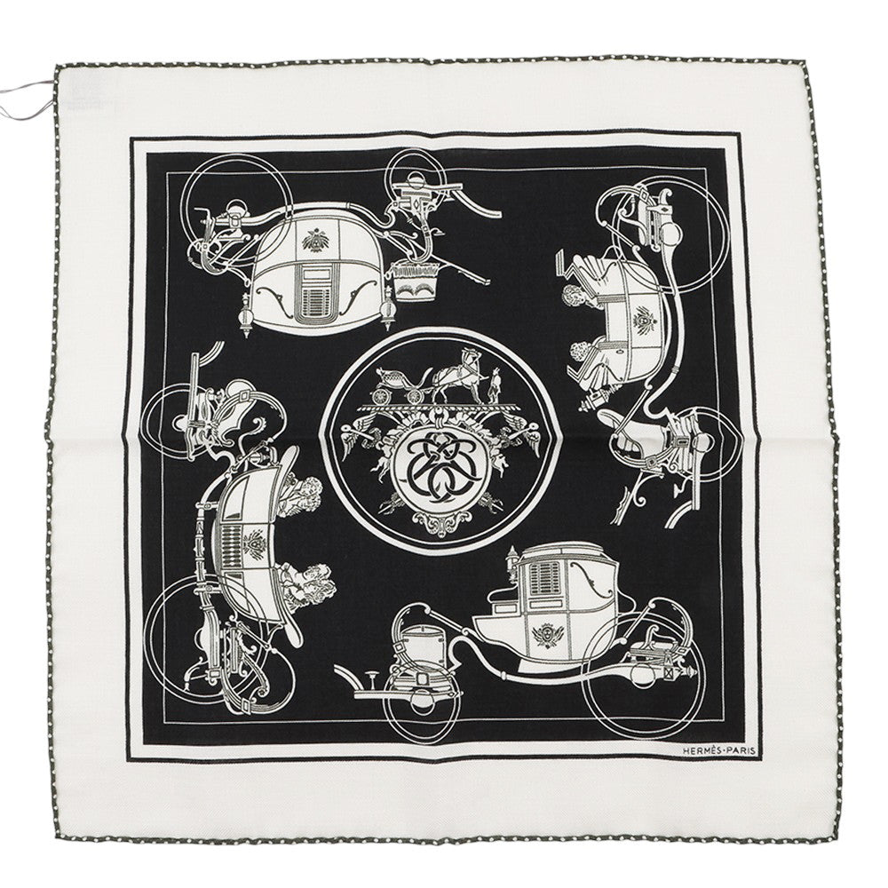 HERMES Gavroche Ex-Libris White/Black/Khaki Cashmere70% Silk30%