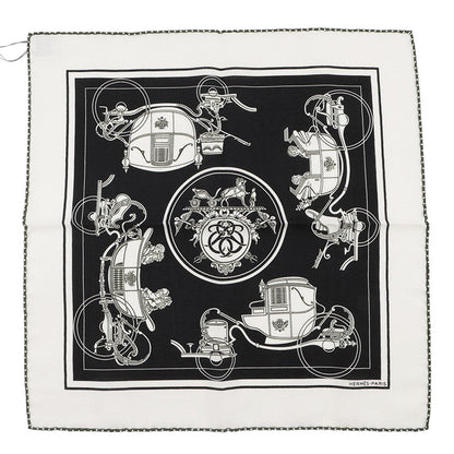 HERMES Gavroche Ex-Libris White/Black/Khaki Cashmere70% Silk30%