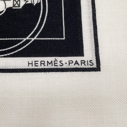 HERMES Gavroche Ex-Libris White/Black/Khaki Cashmere70% Silk30%