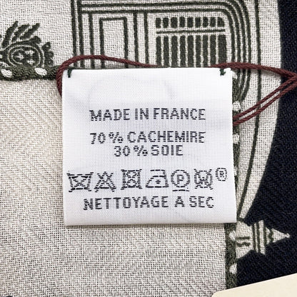HERMES Gavroche Ex-Libris White/Black/Khaki Cashmere70% Silk30%