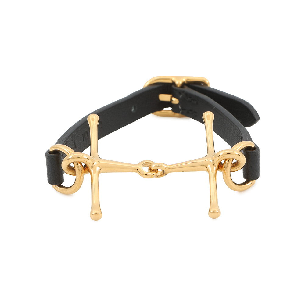 HERMES Mall Horsebit Bracelet Size T2 Black Gold Plated Swift Leather