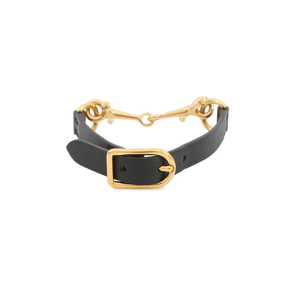 HERMES Mall Horsebit Bracelet Size T2 Black Gold Plated Swift Leather