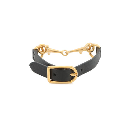 HERMES Mall Horsebit Bracelet Size T2 Black Gold Plated Swift Leather