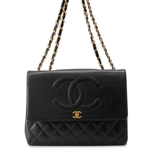 CHANEL Jumbo Matelasse Large CC Logo Chain Shoulder Black Leather