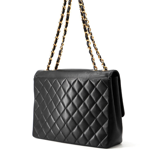 CHANEL Jumbo Matelasse Large CC Logo Chain Shoulder Black Leather
