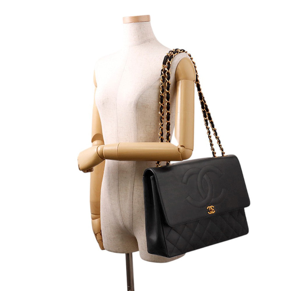 CHANEL Jumbo Matelasse Large CC Logo Chain Shoulder Black Leather