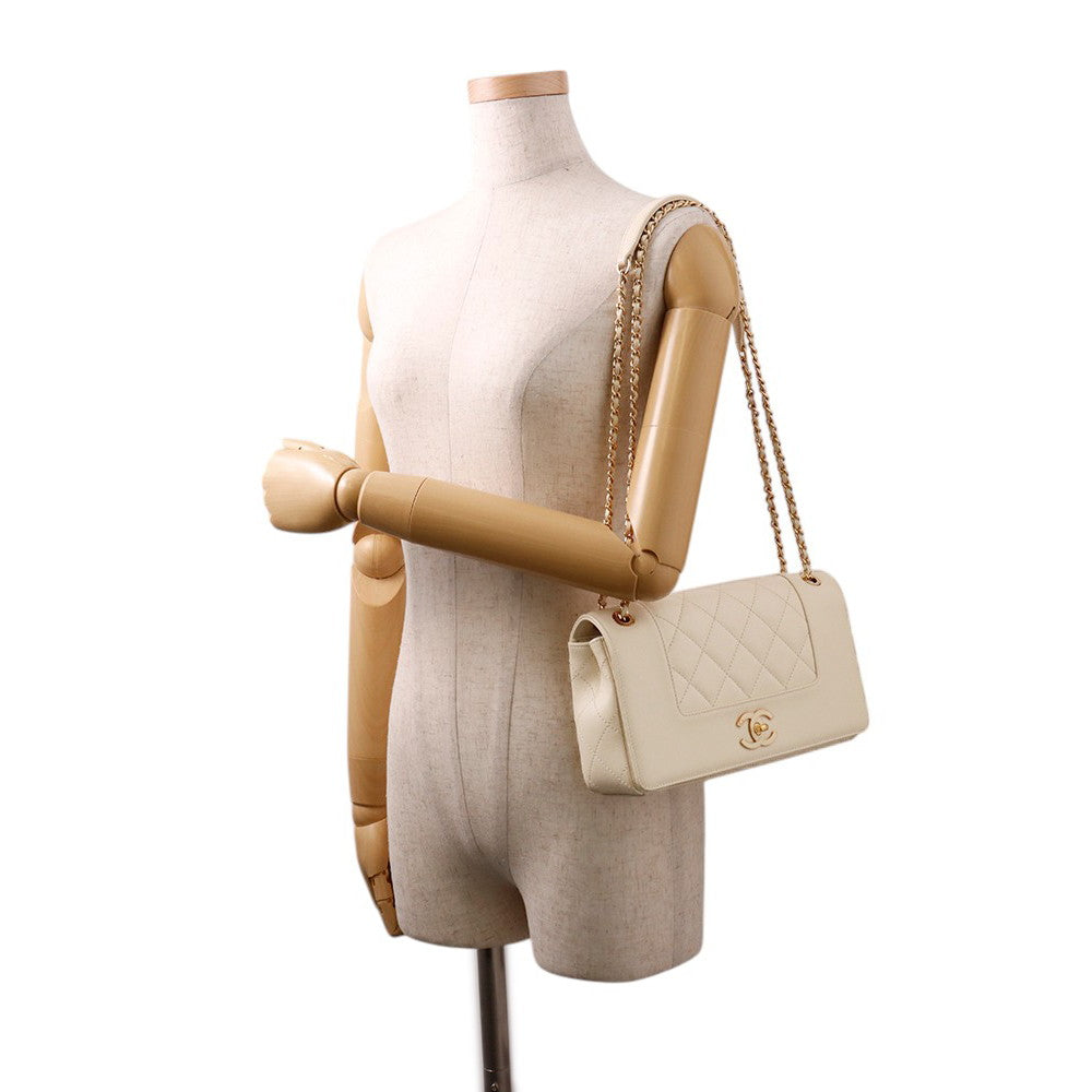 CHANEL Mademoiselle Double Flap Chain Shoulder Bag IvoryA93084 Leather