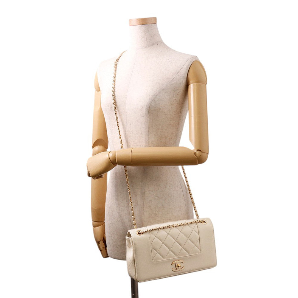 CHANEL Mademoiselle Double Flap Chain Shoulder Bag IvoryA93084 Leather